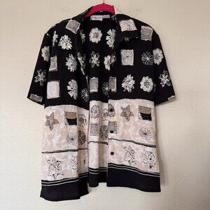 Tan Jay Shirt Womens Size 8 Black Cream Floral Button Up Short Sleeve Shirt